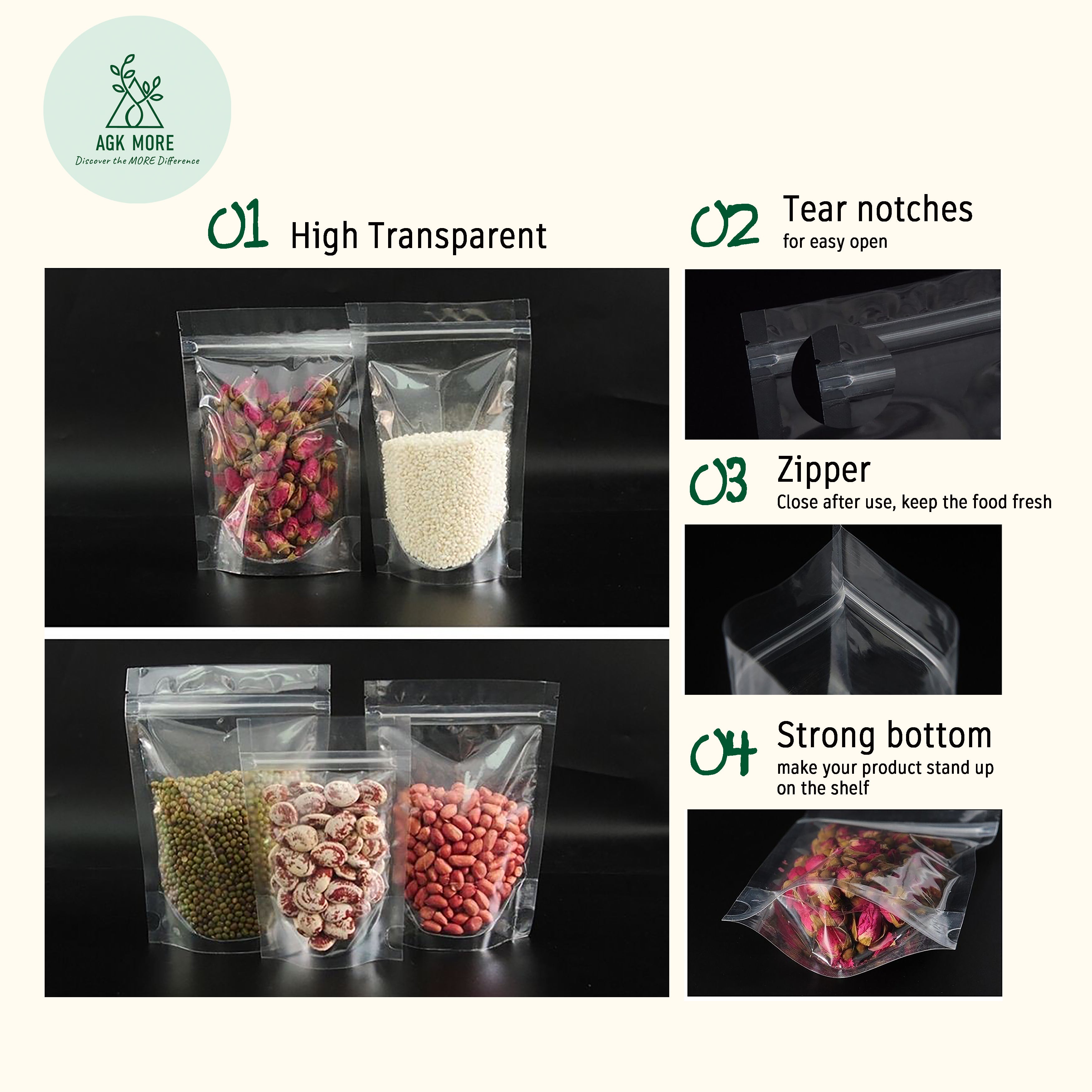 All Clear Stand Up Pouches with Zipper - Food-Safe Zipper Bags