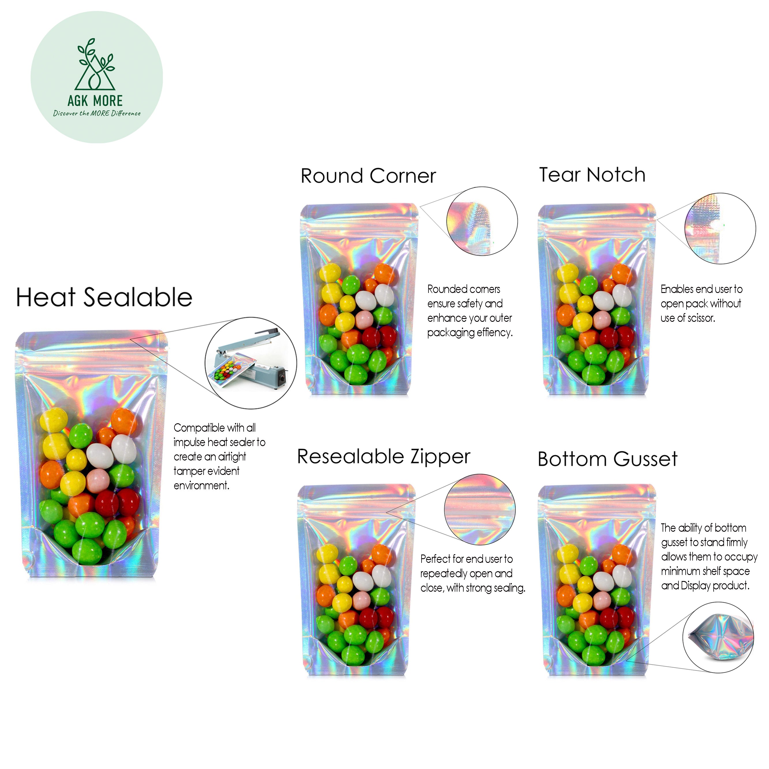 Holographic Rainbow Stand-Up Pouches with Clear One-Side View, Zip Seal, and Foil Lining