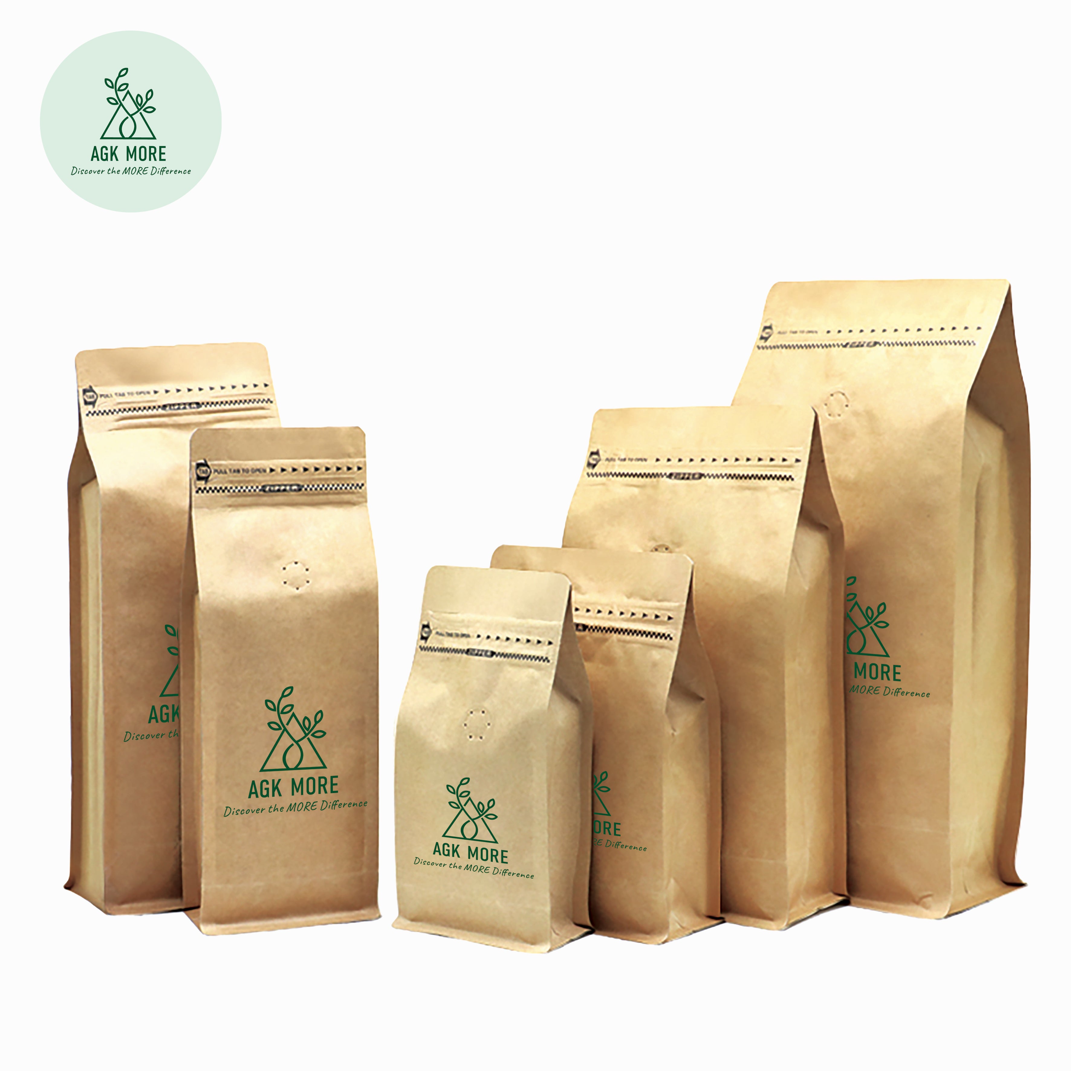 1KG Kraft Coffee Box Bottom Bags with Valve, Pull-Tab Zipper, and Foil Lining - Airtight Packaging