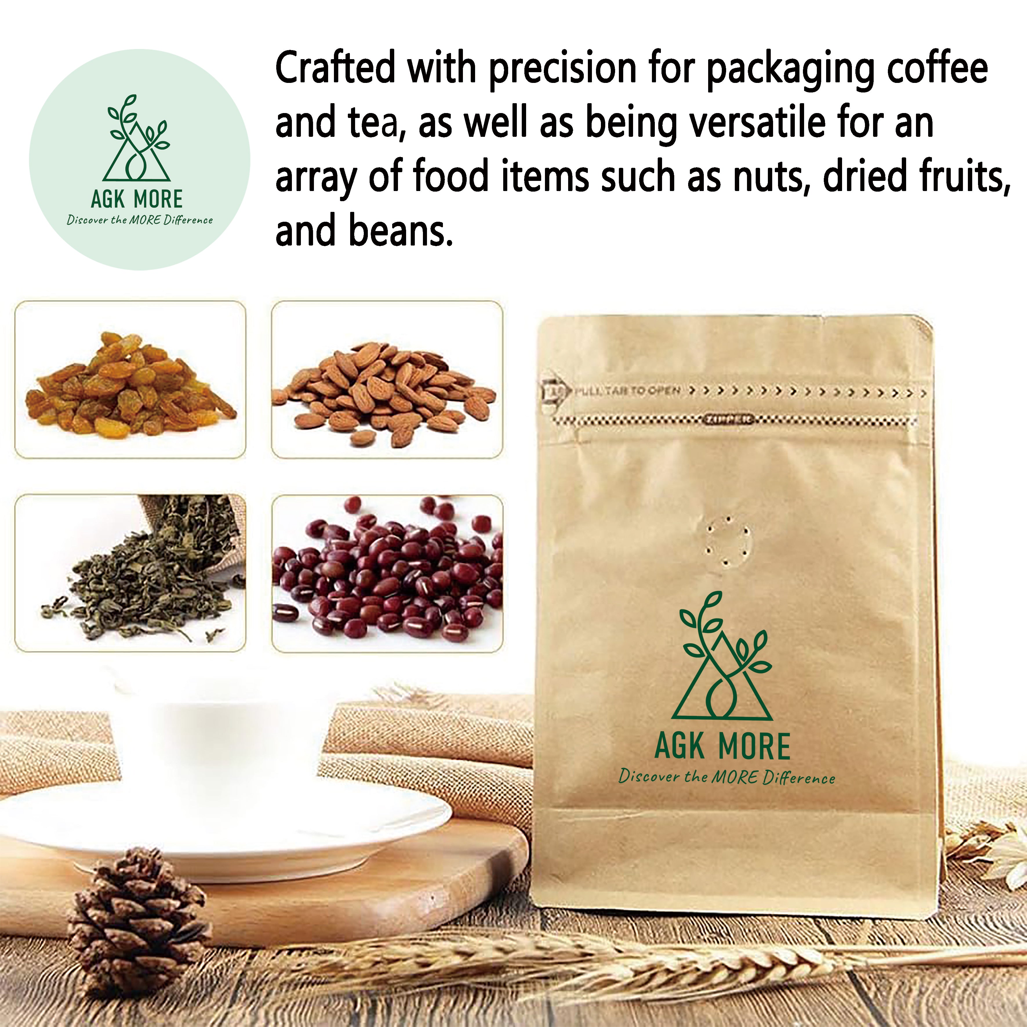 1KG Kraft Coffee Box Bottom Bags with Valve, Pull-Tab Zipper, and Foil Lining - Airtight Packaging