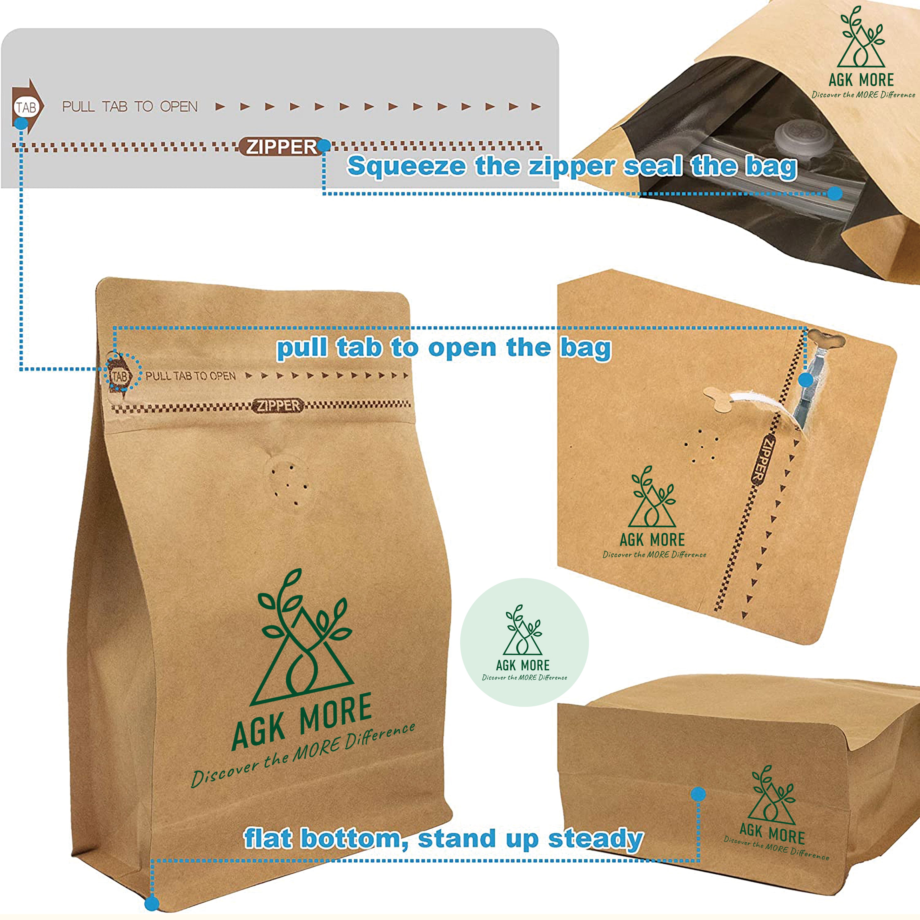 1KG Kraft Coffee Box Bottom Bags with Valve, Pull-Tab Zipper, and Foil Lining - Airtight Packaging