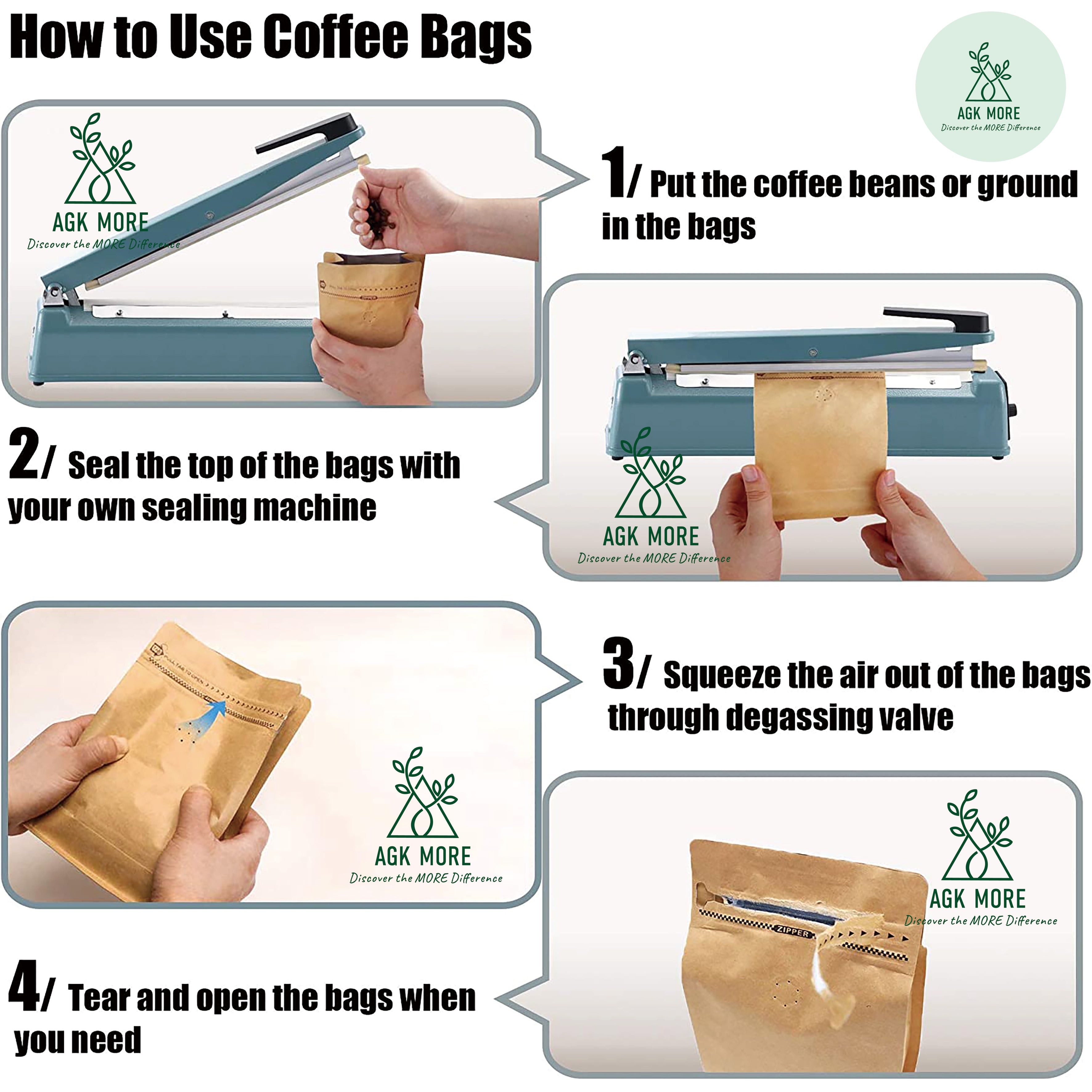 1KG Kraft Coffee Box Bottom Bags with Valve, Pull-Tab Zipper, and Foil Lining - Airtight Packaging