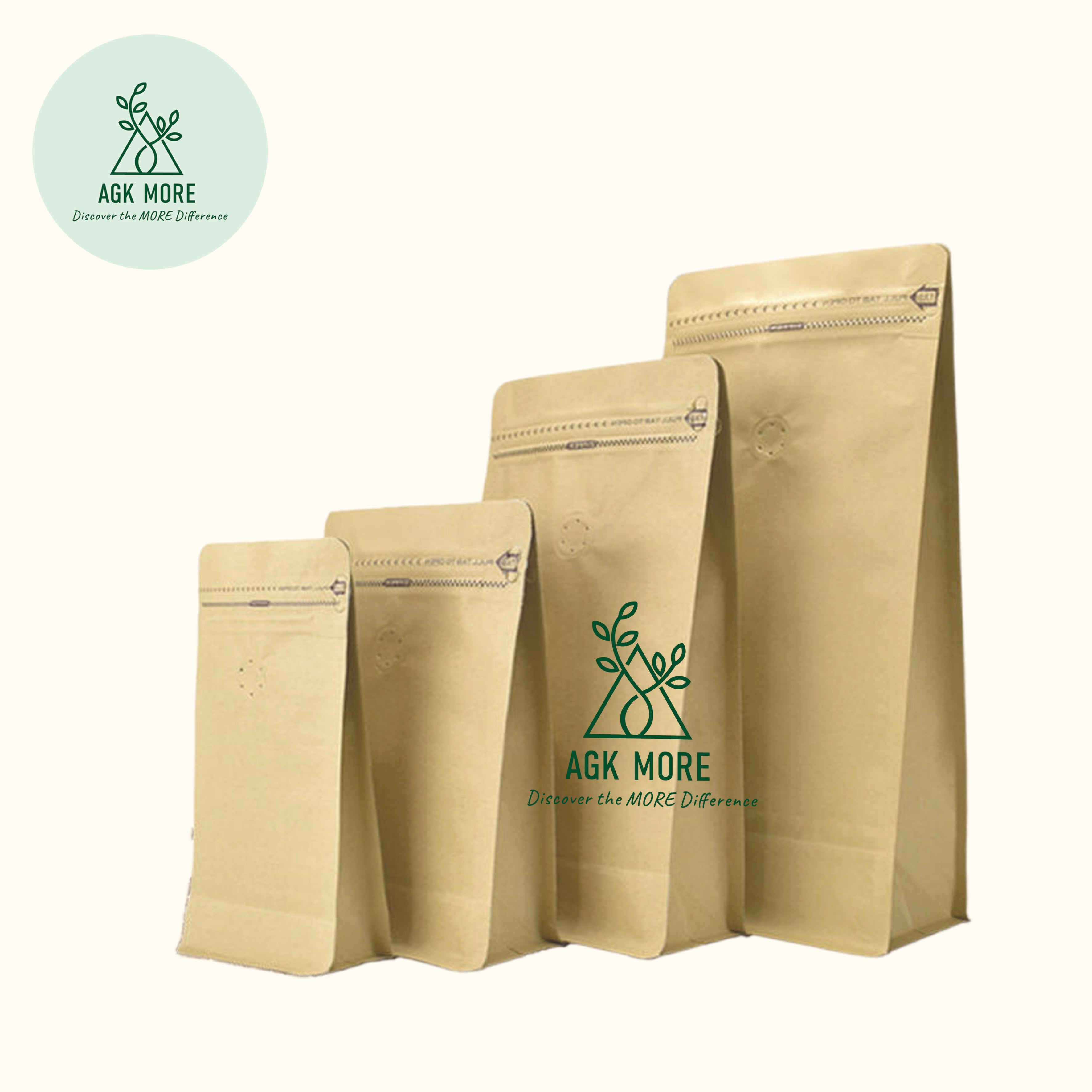 1KG Kraft Coffee Box Bottom Bags with Valve, Pull-Tab Zipper, and Foil Lining - Airtight Packaging