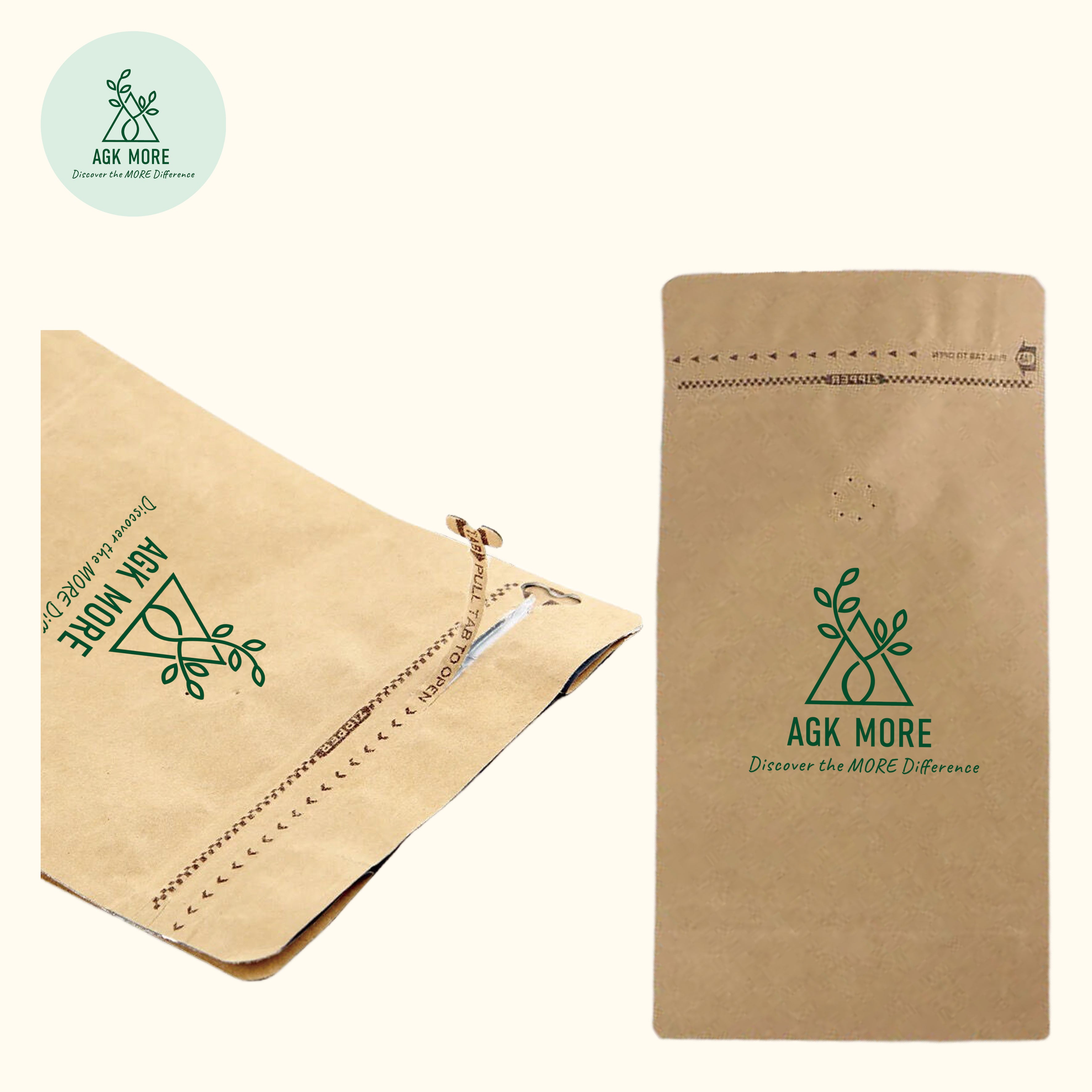 1KG Kraft Coffee Box Bottom Bags with Valve, Pull-Tab Zipper, and Foil Lining - Airtight Packaging