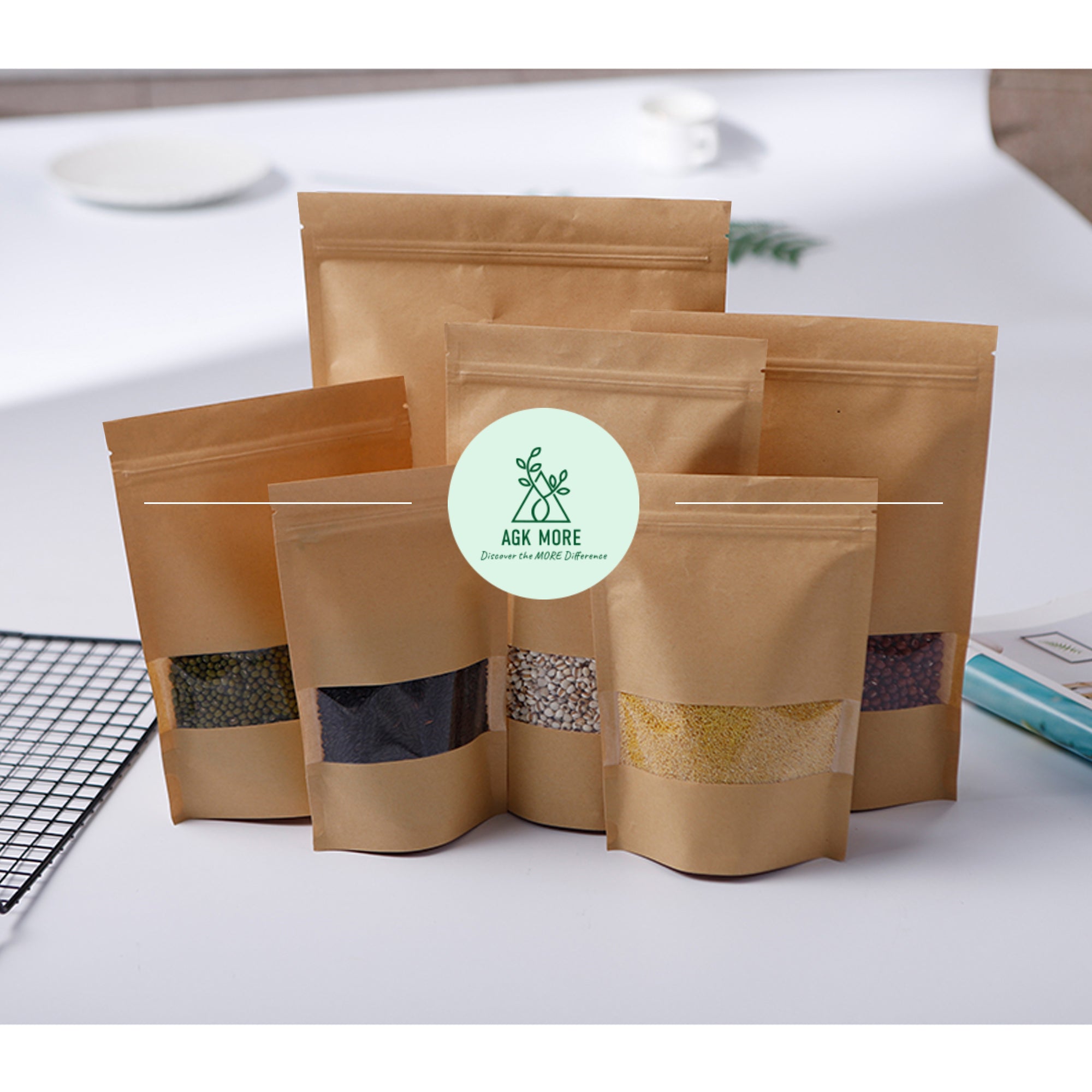 100g Kraft Paper Stand Up Pouches with Zipper and Clear Window - Eco-Friendly Packaging Bags