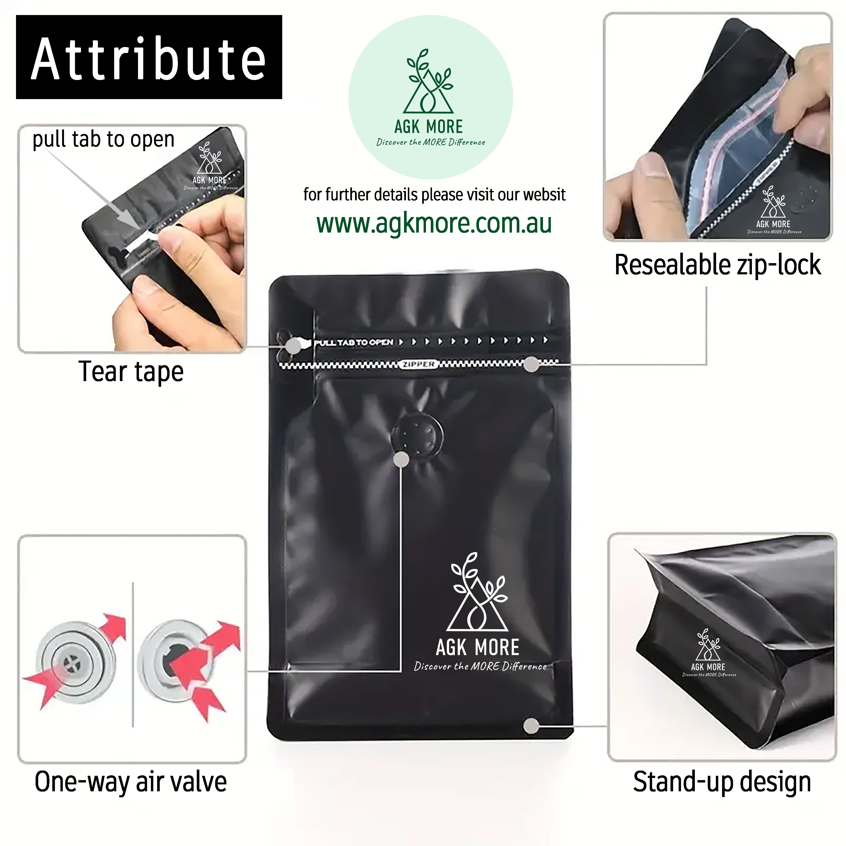 1KG Matte Black Coffee Box Bottom Bags with Valve, Pull-Tab Zipper, and Foil Lining - Premium Airtight Packaging