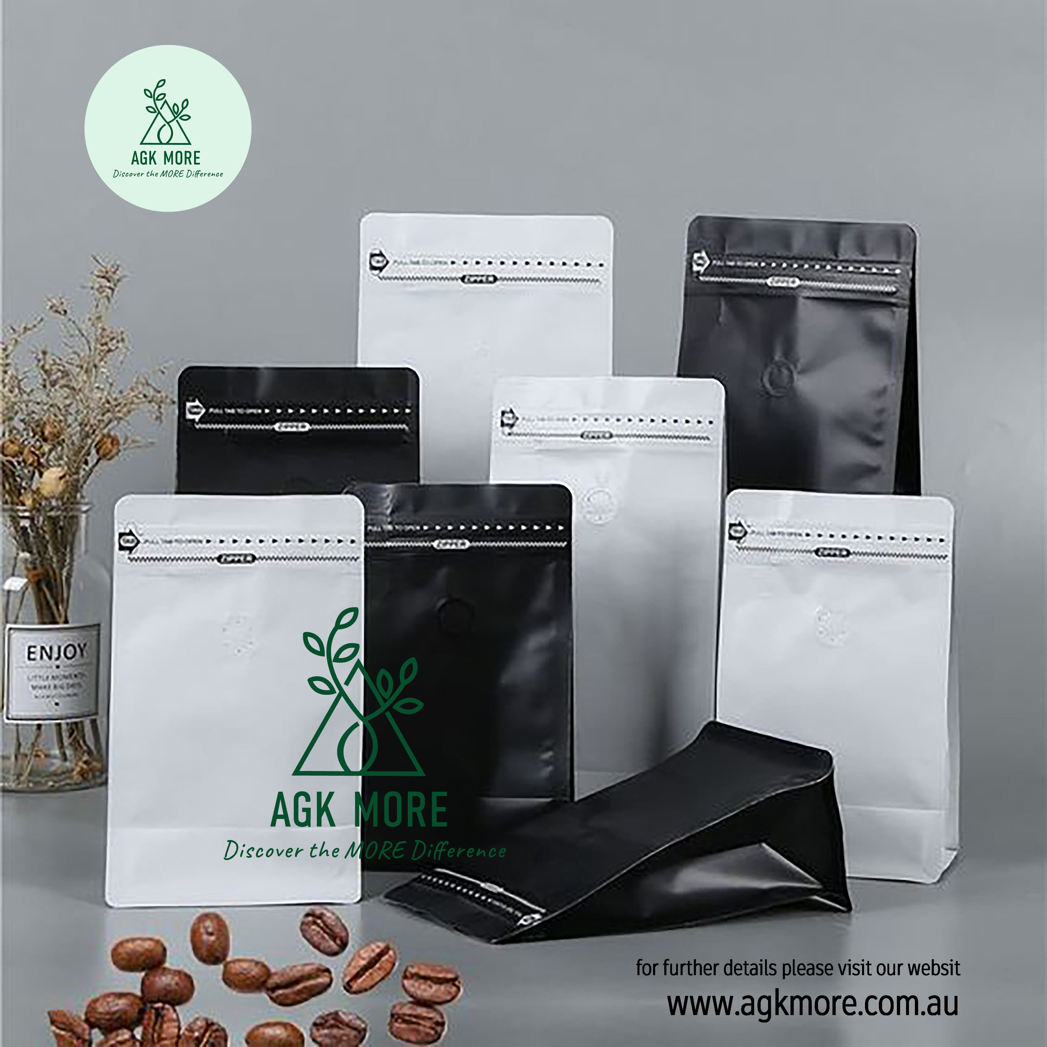 500g Matte White Coffee Box Bottom Bags with Valve, Pull-Tab Zipper, and Foil Lining - Premium Airtight Packaging