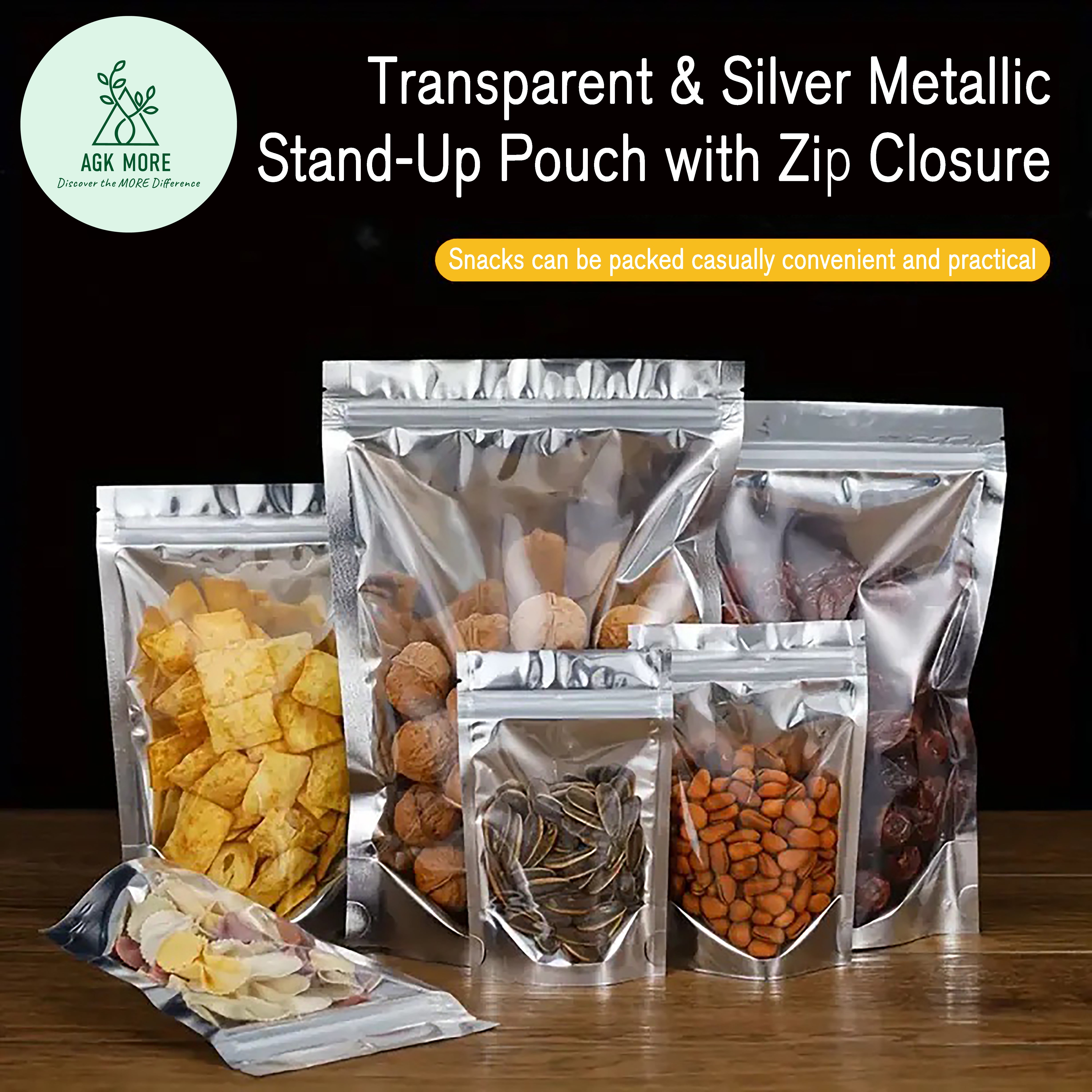 Clear/Silver Shiny Foil Lined Stand Up Pouches with Zipper