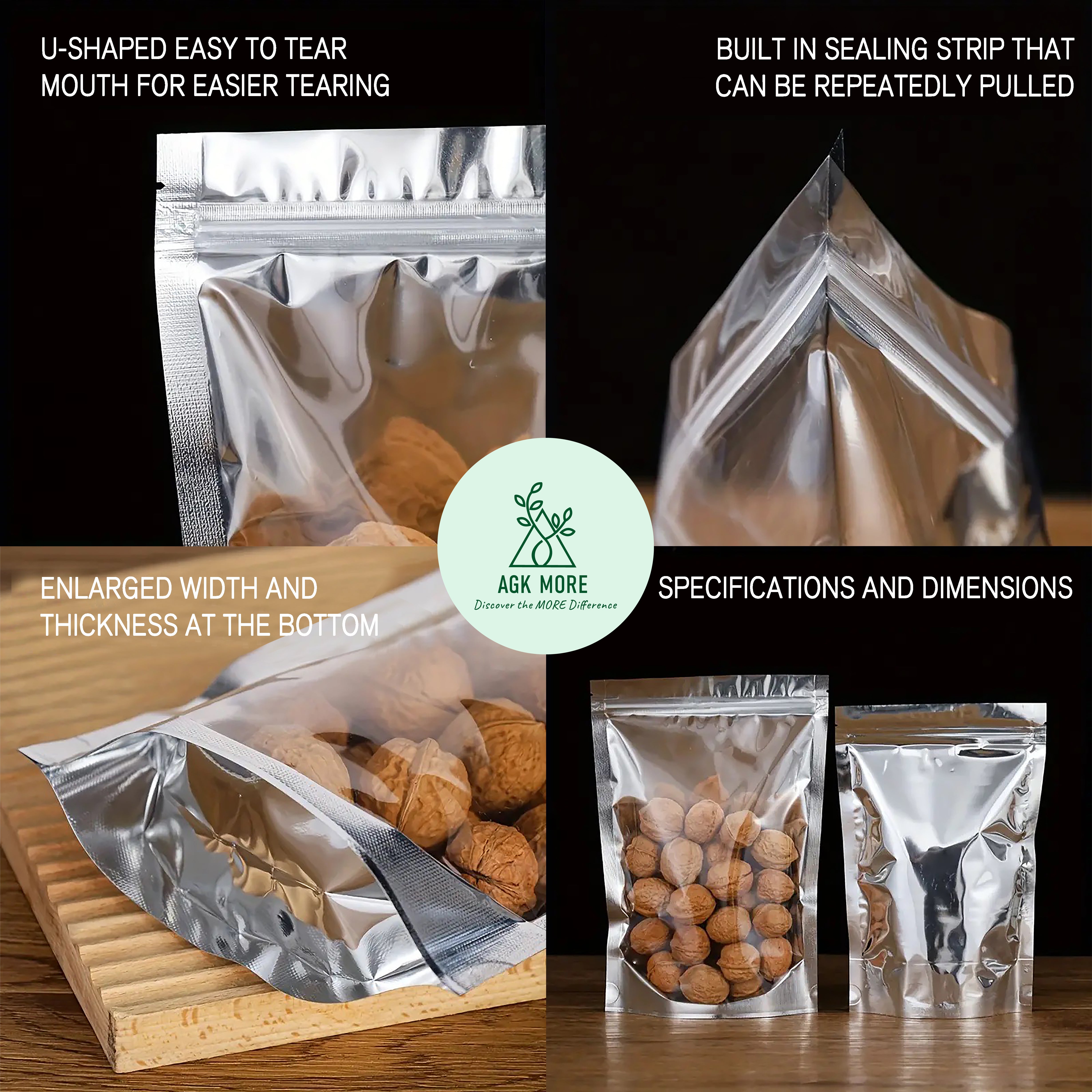 Clear/Silver Shiny Foil Lined Stand Up Pouches with Zipper