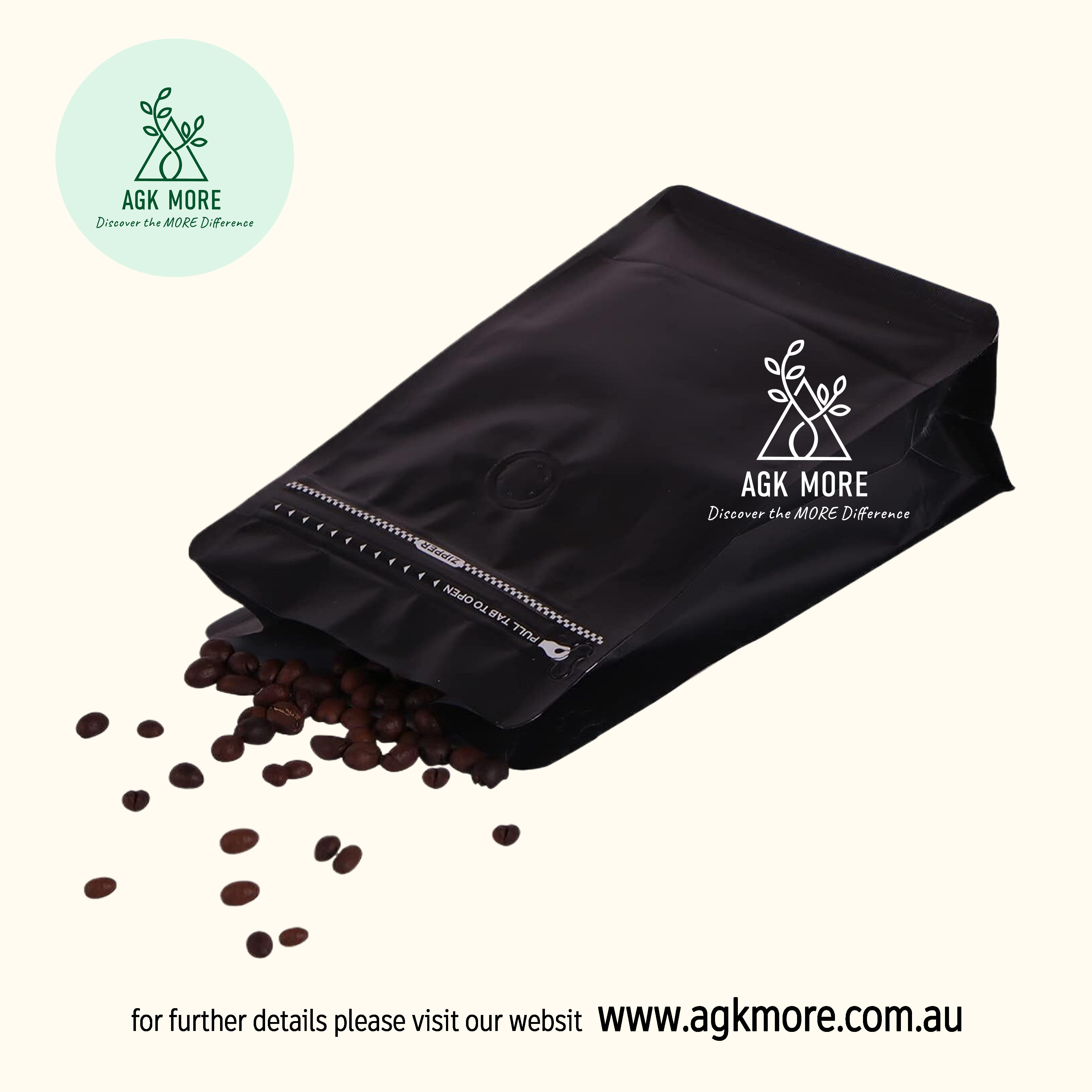 1KG Matte Black Coffee Box Bottom Bags with Valve, Pull-Tab Zipper, and Foil Lining - Premium Airtight Packaging