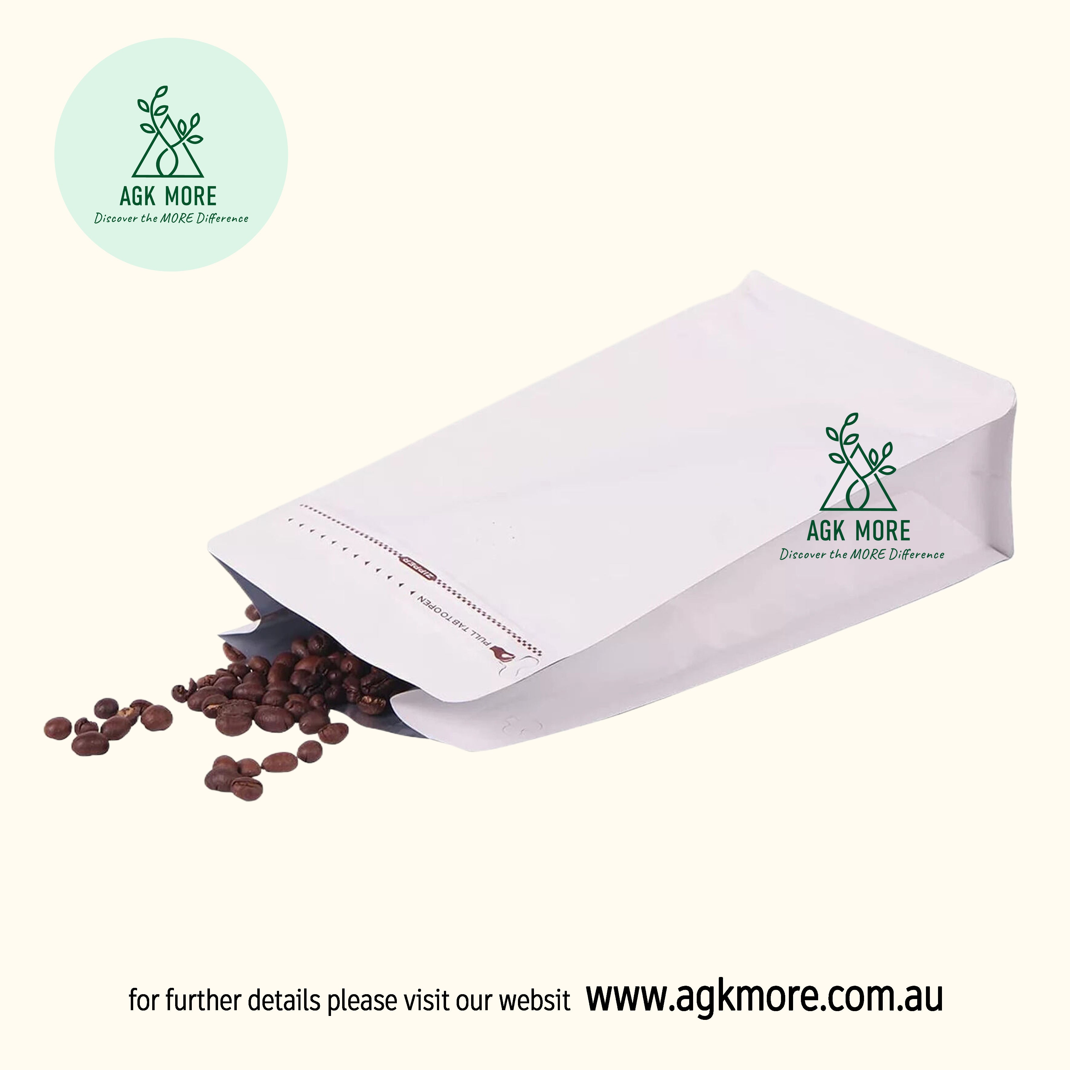 1KG Matte White Coffee Box Bottom Bags with Valve, Pull-Tab Zipper, and Foil Lining - Premium Airtight Packaging