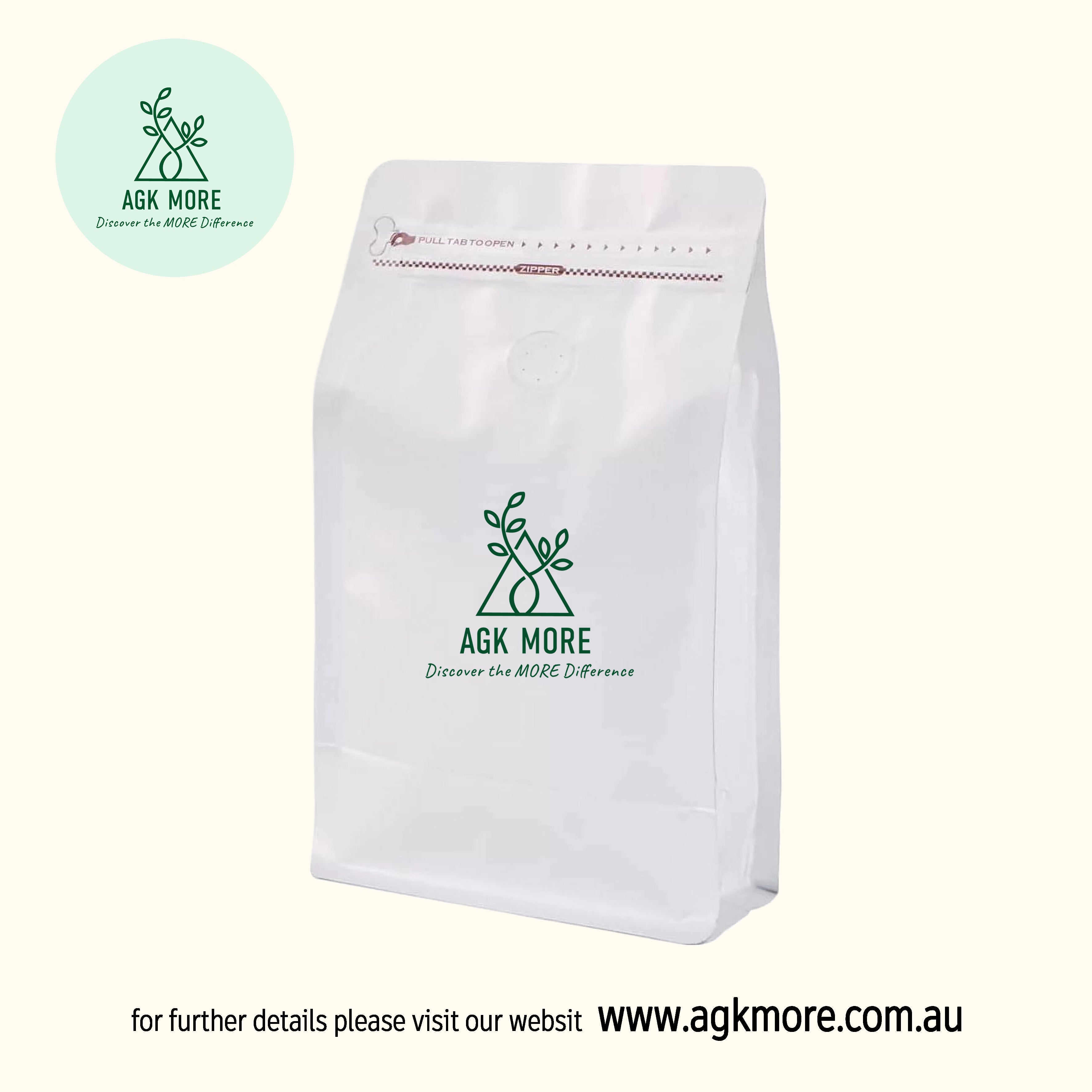 1KG Matte White Coffee Box Bottom Bags with Valve, Pull-Tab Zipper, and Foil Lining - Premium Airtight Packaging